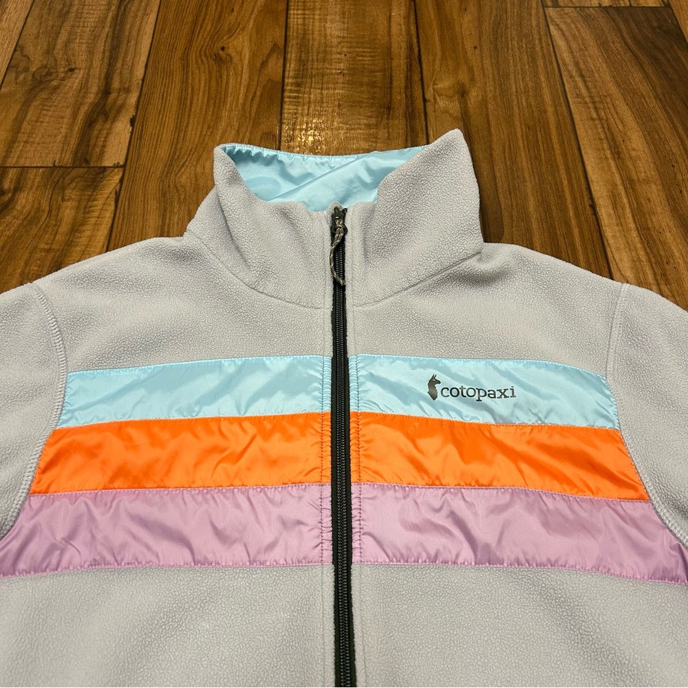 cotopaxi Light Gray Fleece Jacket with Blue, Orange & Pink Stripes - Picture 2 of 11
